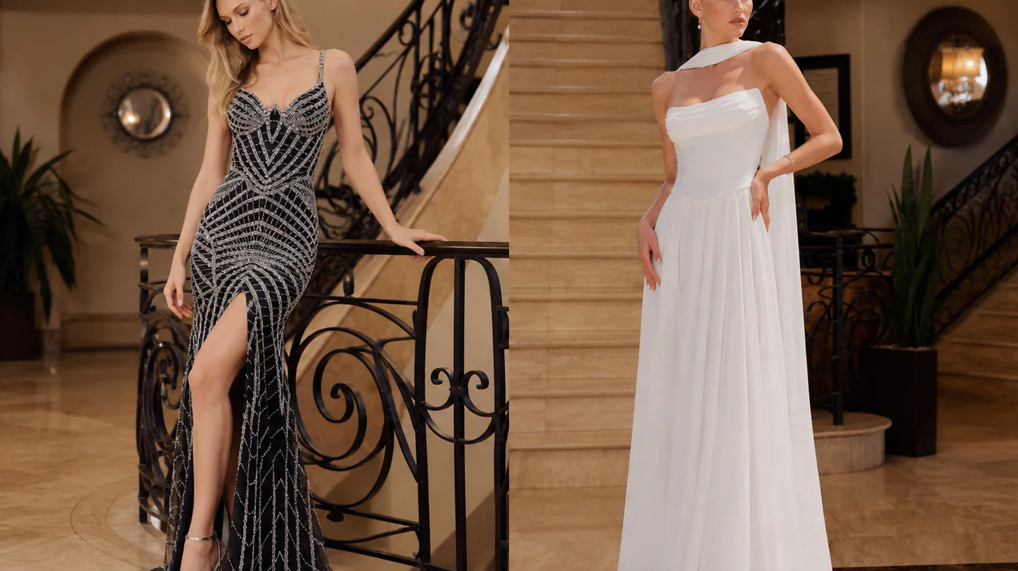 Luxury prom gowns with elegant satin and embellished silhouettes in cinematic interior