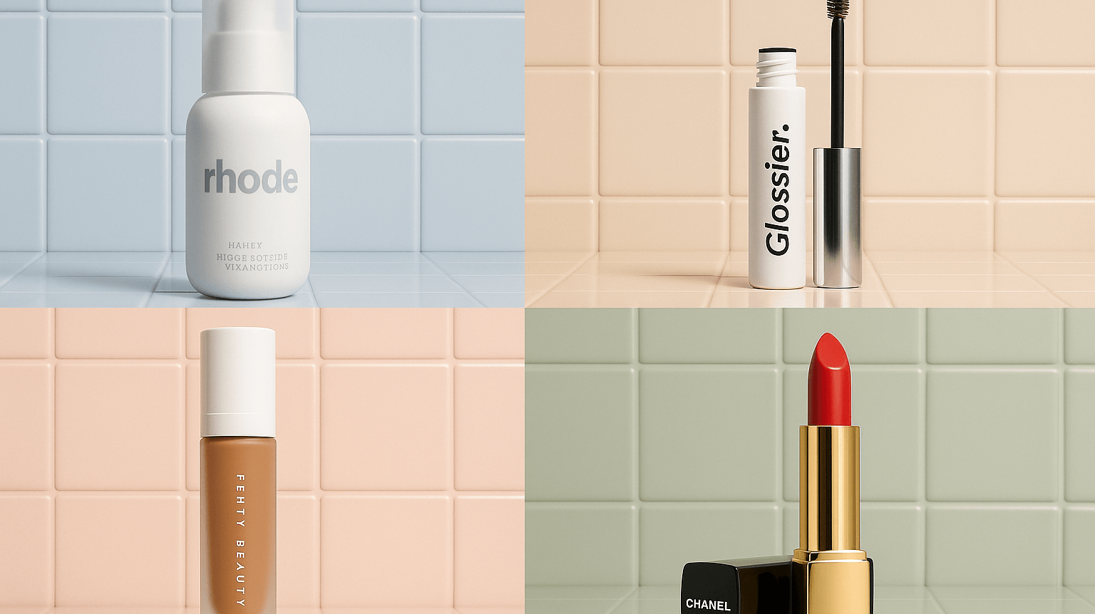 Flat lay of bestselling beauty products including brow pencil, bronzer, blush, and eyeliner on a pastel background, showcasing elegant packaging and product textures.