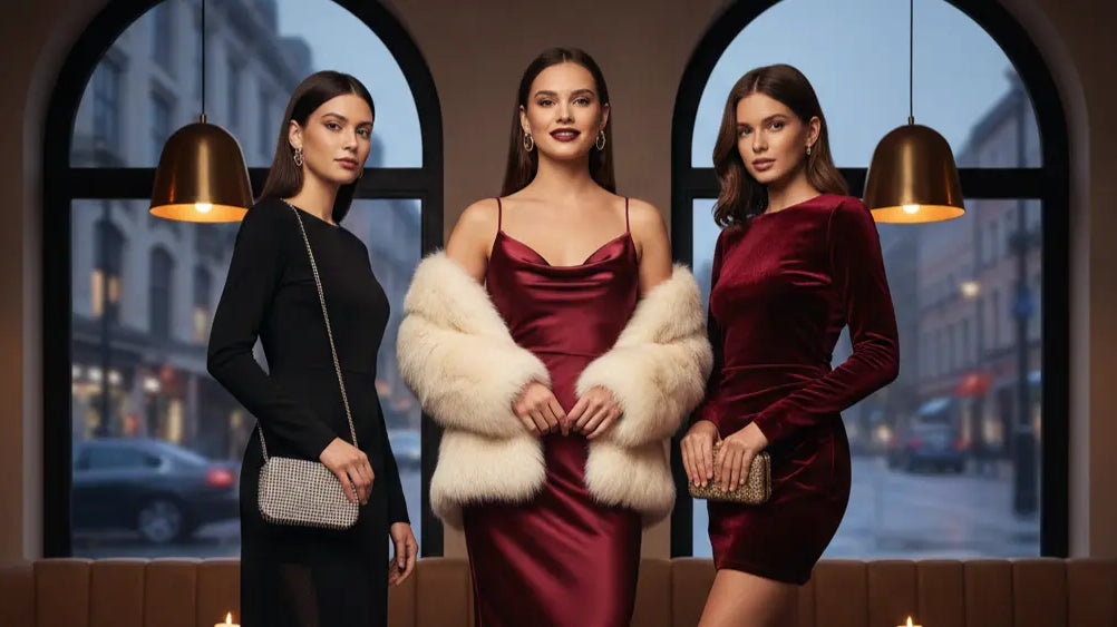 Three women modeling 2026 Valentine’s Day dress trends, featuring a burgundy satin slip dress, a black mesh midi dress, and a wine-red velvet mini dress for smcdress.com.