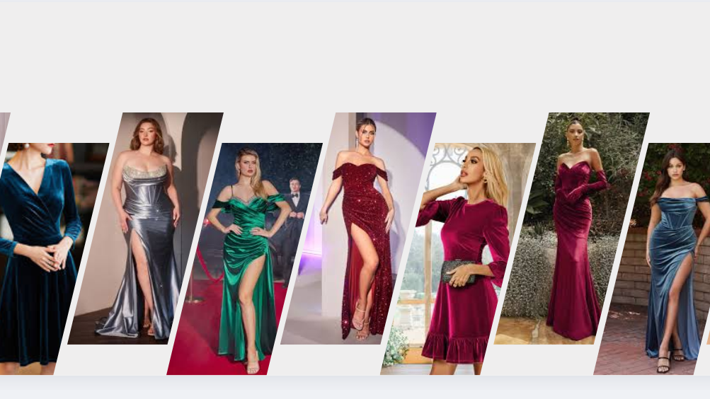 Velvet dress styles for women 2025 – chic burgundy midi and glamorous black maxi gowns