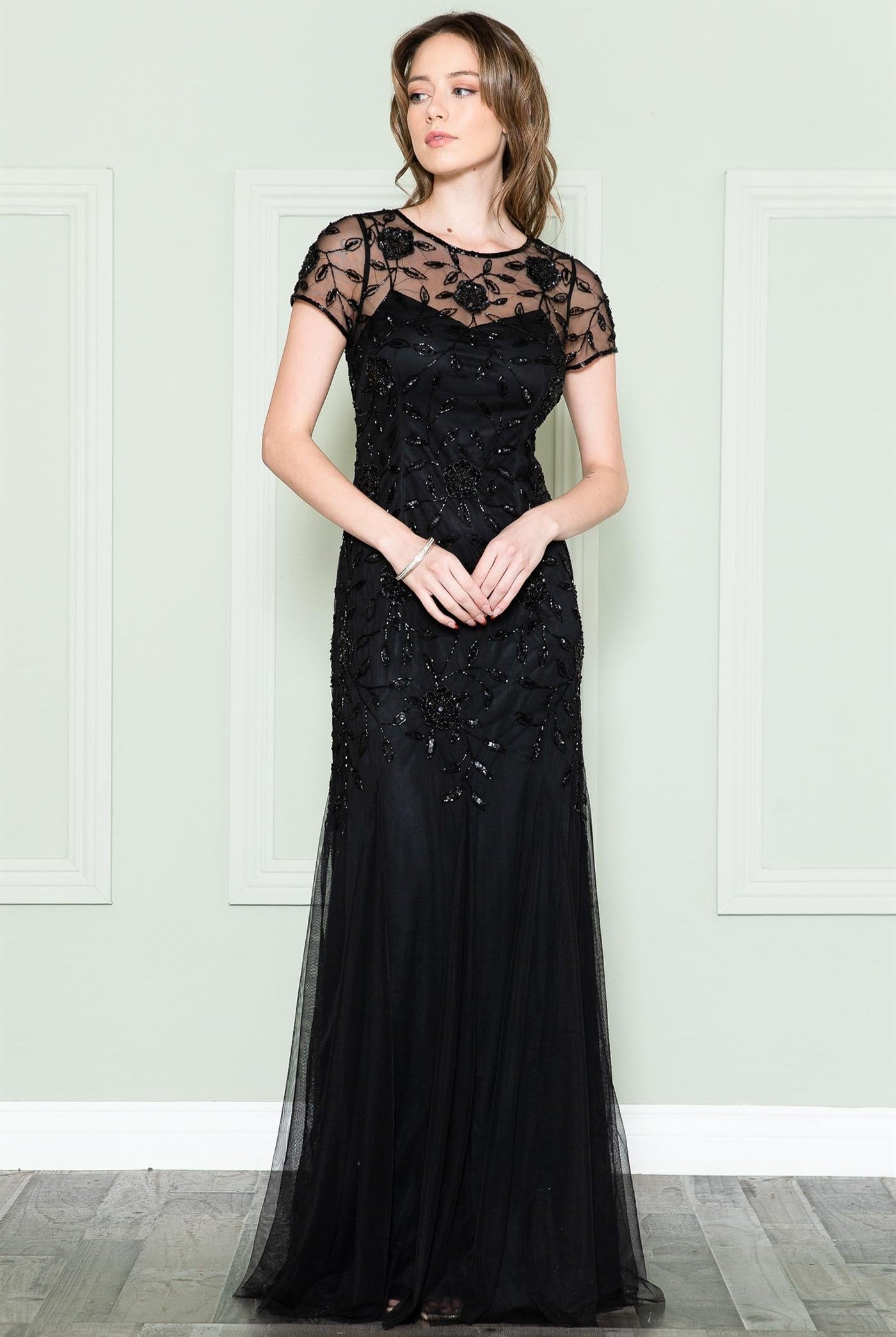 Embroidered Bodice Long Dress with Short Sleeves and Illusion Neckline-smcdress