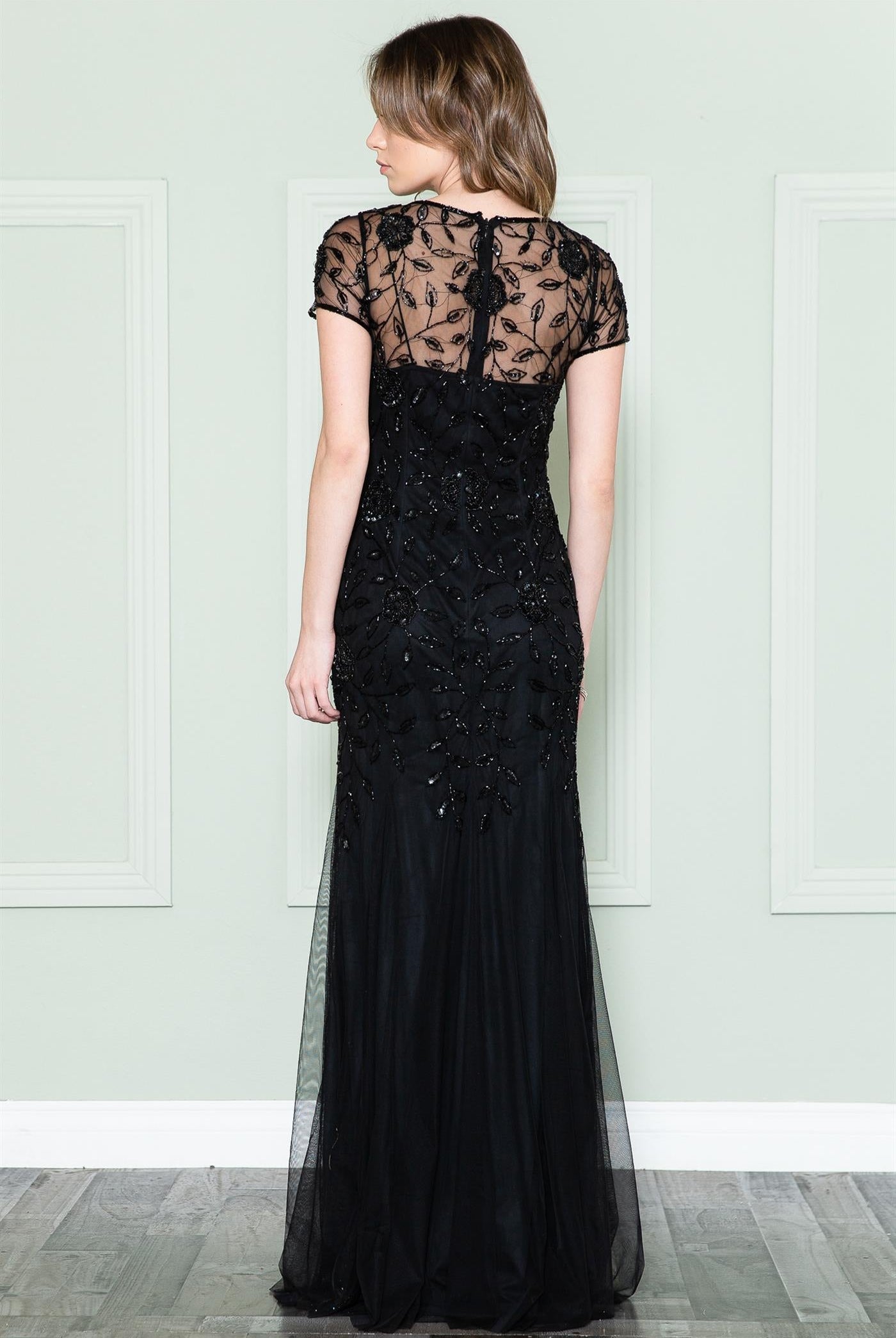 Embroidered Bodice Long Dress with Short Sleeves and Illusion Neckline-smcdress