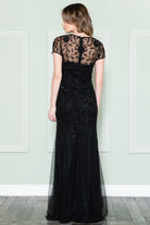 Embroidered Bodice Long Dress with Short Sleeves and Illusion Neckline-smcdress