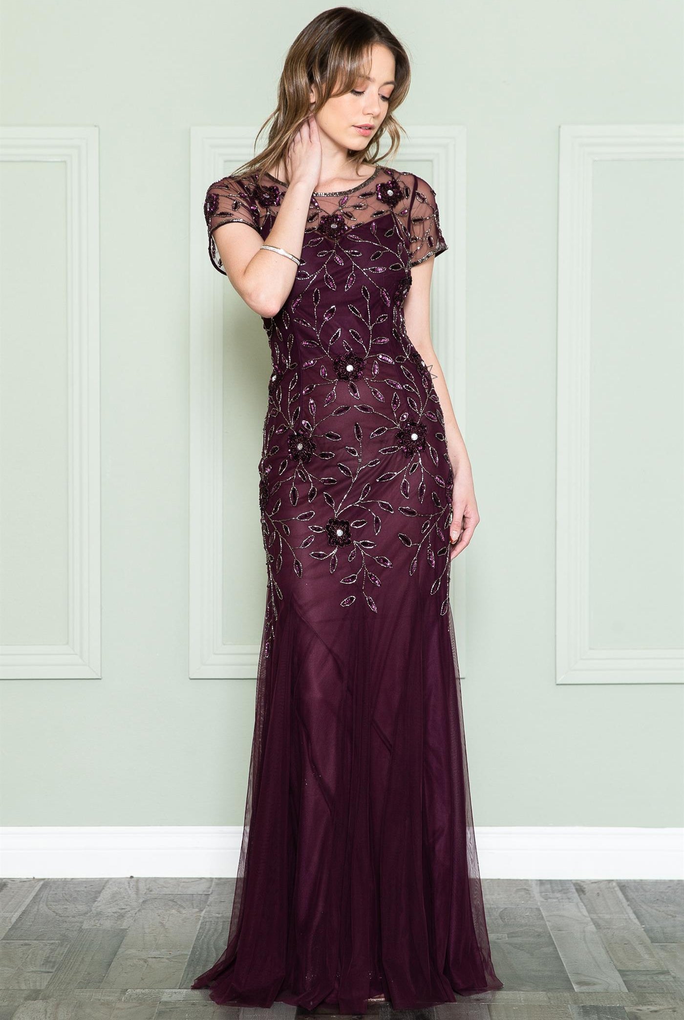 Embroidered Bodice Long Dress with Short Sleeves and Illusion Neckline-smcdress