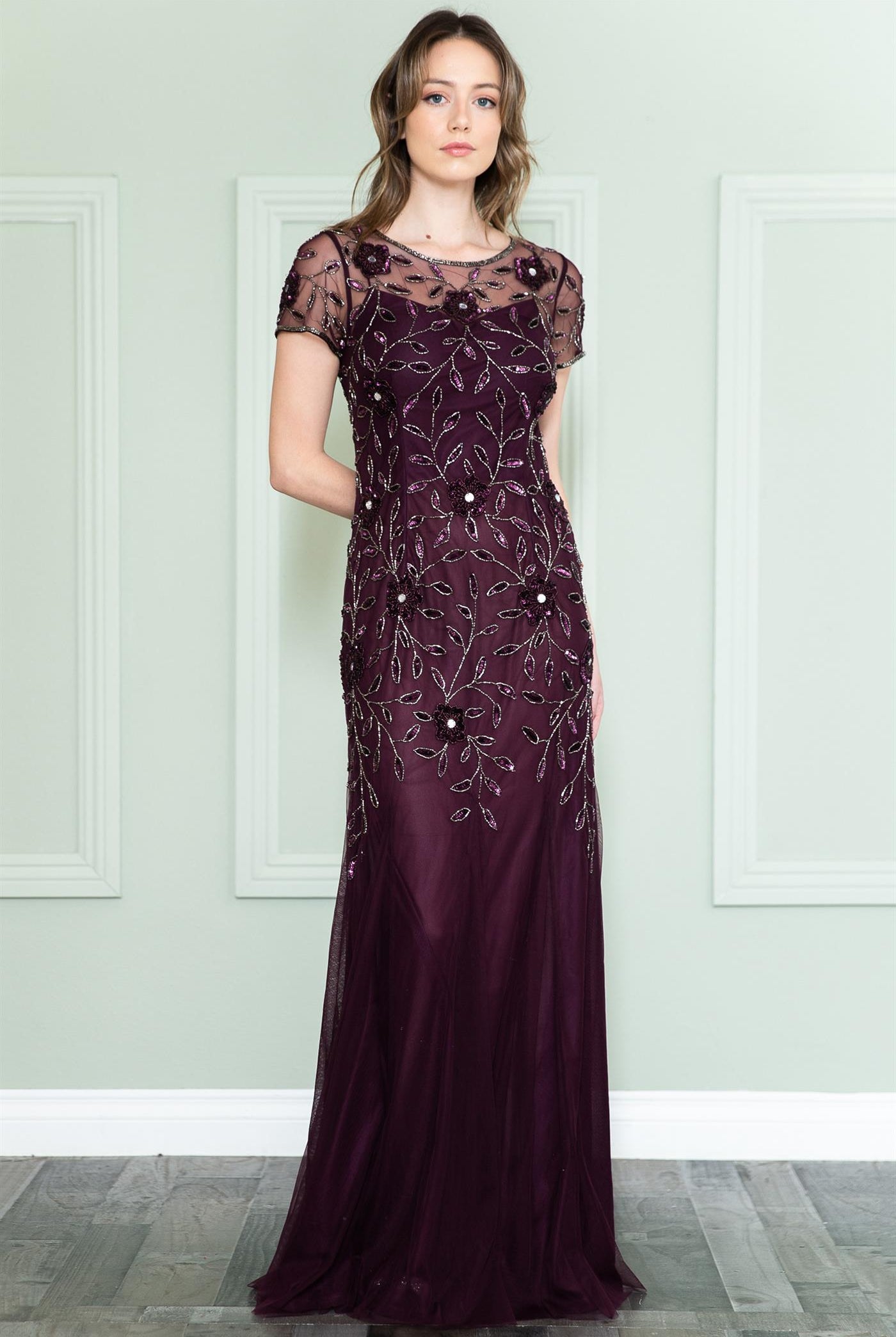 Embroidered Bodice Long Dress with Short Sleeves and Illusion Neckline-smcdress