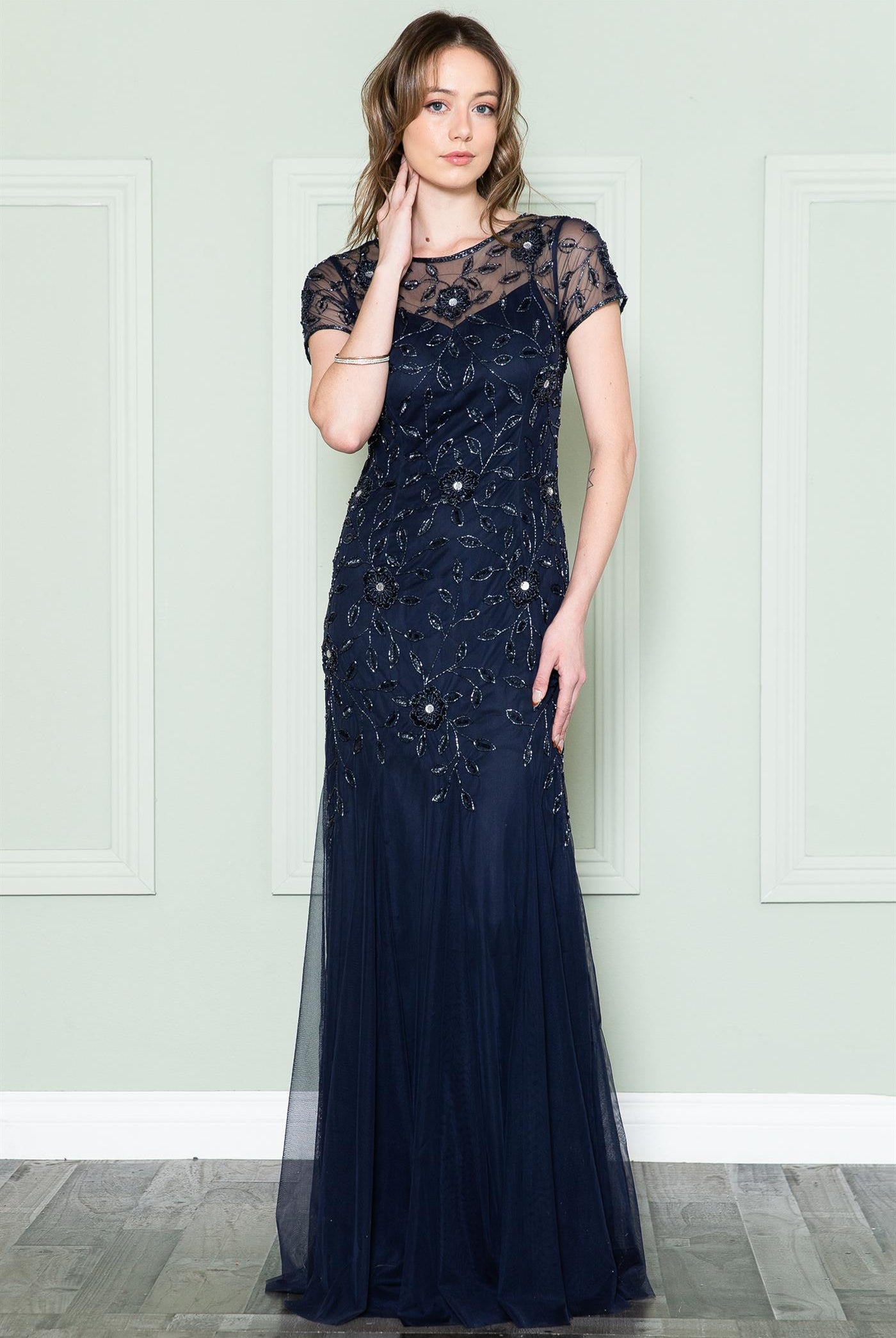 Embroidered Bodice Long Dress with Short Sleeves and Illusion Neckline-smcdress