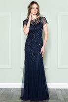 Embroidered Bodice Long Dress with Short Sleeves and Illusion Neckline-smcdress