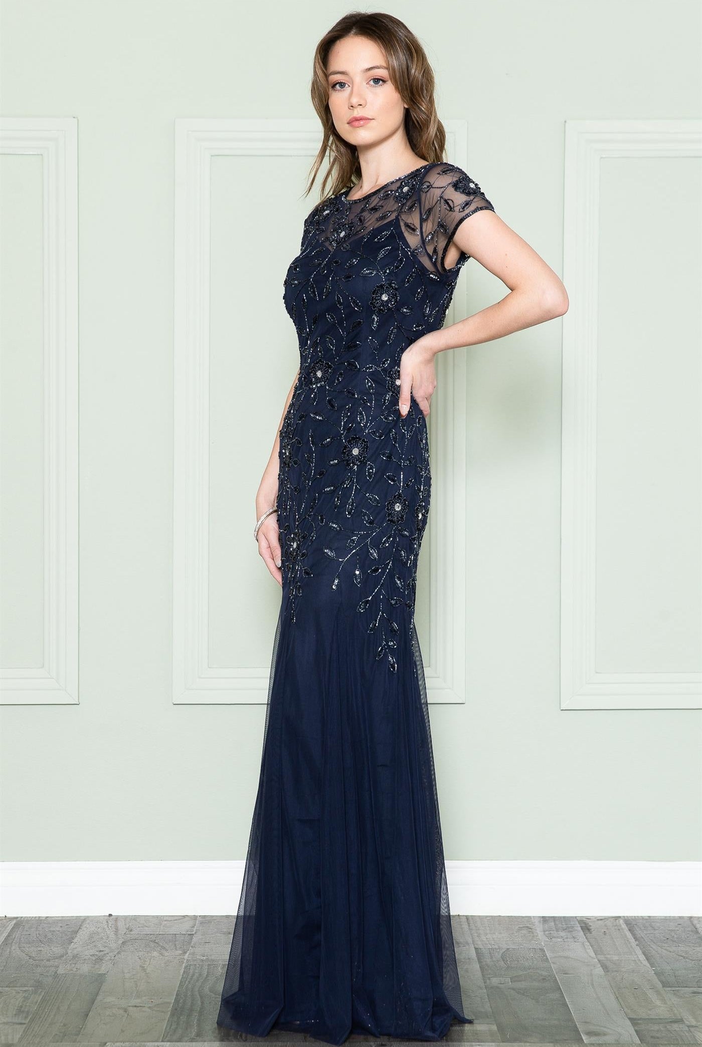Embroidered Bodice Long Dress with Short Sleeves and Illusion Neckline-smcdress