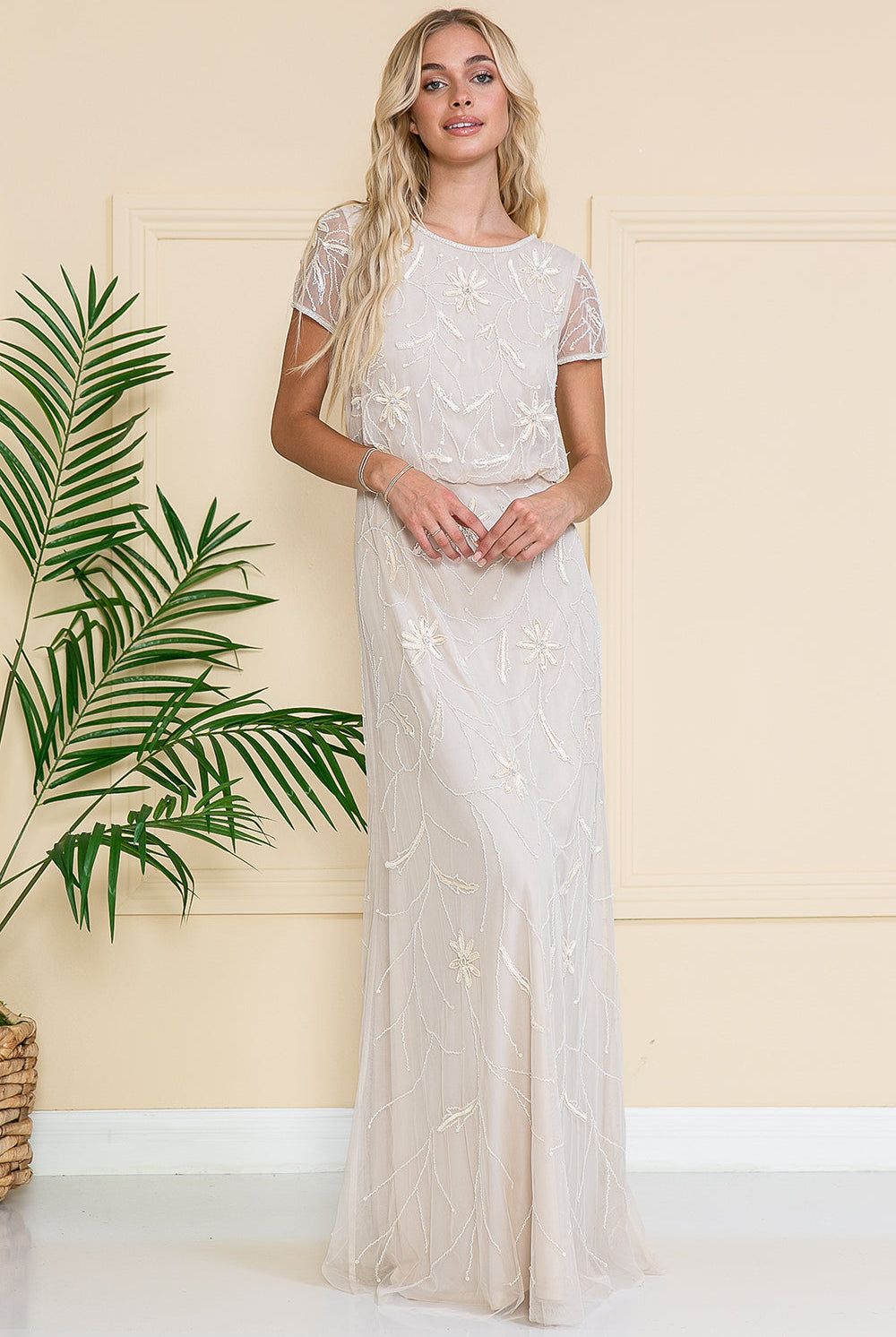Glitter-Embellished Long MOB Dress w/Short Sleeves-smcdress