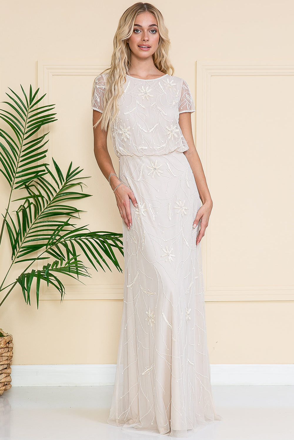Glitter-Embellished Long MOB Dress w/Short Sleeves-smcdress