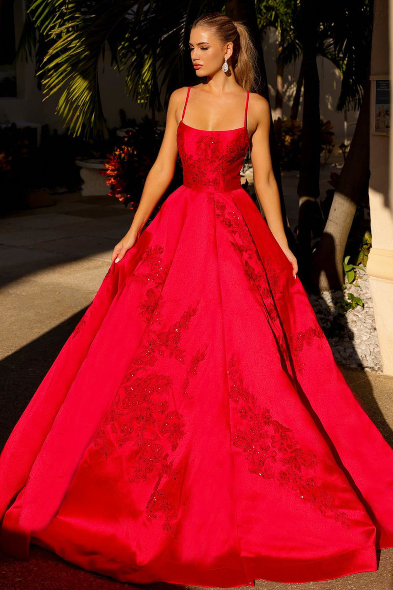 Embroidered Lace Straight Across Open Criss Cross Back Long Prom Dress