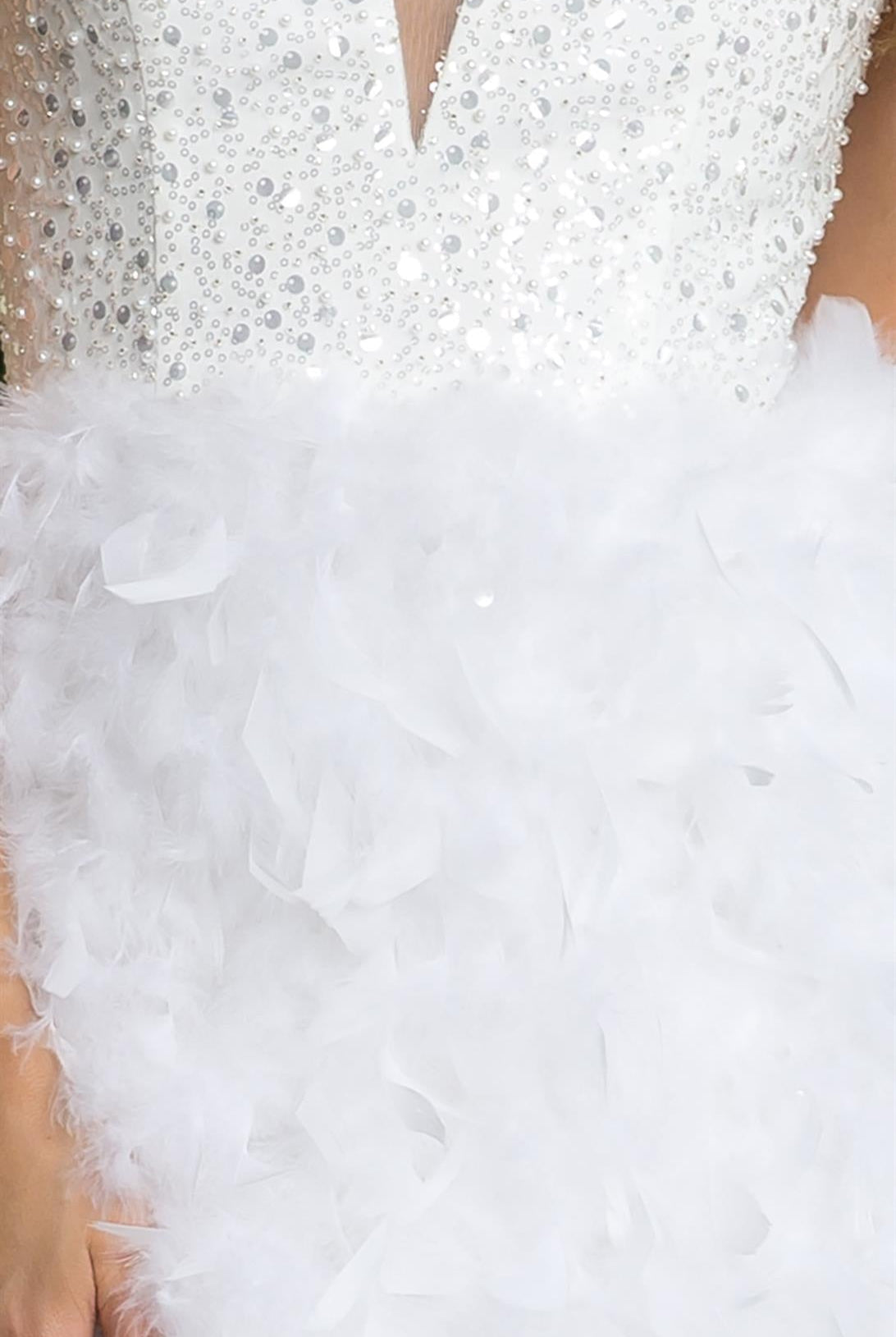 Sequin Bodice Feather Skirt Dress, Plunging Neck Short Cocktail-smcdress