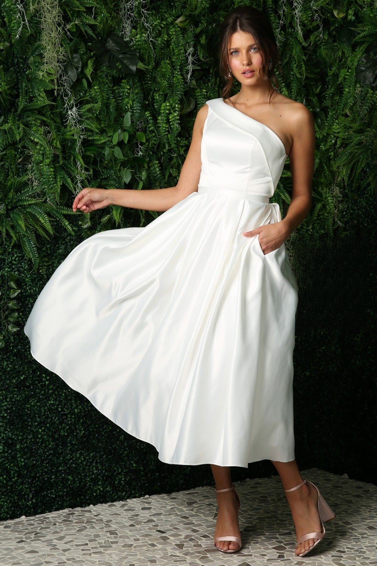 Satin One Shoulder Midi Wedding Dress-smcdress