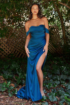 Satin High Leg Slit Gown with Open Back. Elegant Off-the-Shoulder Dress with Draped Bodice-smcdress