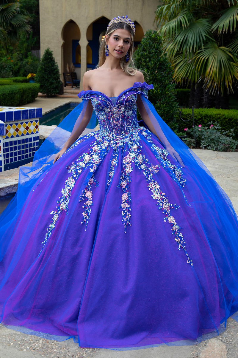 Royal Blue Quinceañera Ball Gown with Off-Shoulder Cape and Floral Princess  Dress