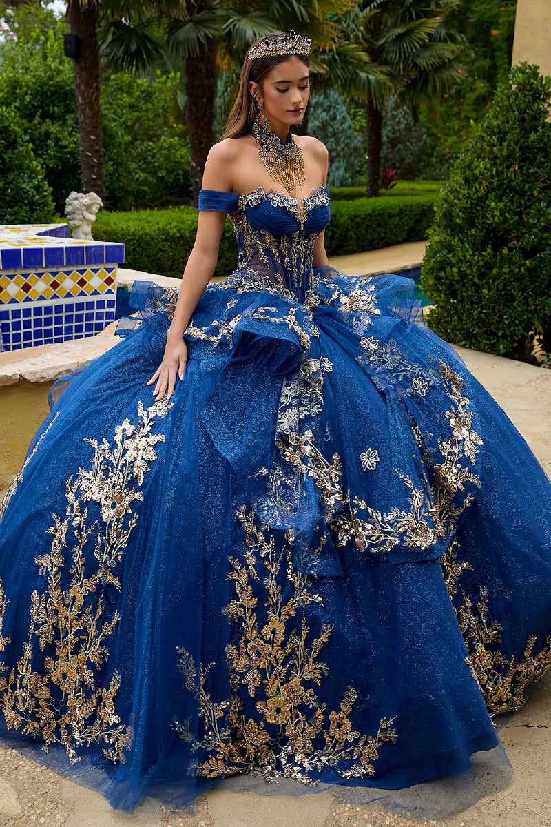 Quinceañera Ball Gown | Off-Shoulder Glitter Tulle Dress with 3D Embroidery GL3552
