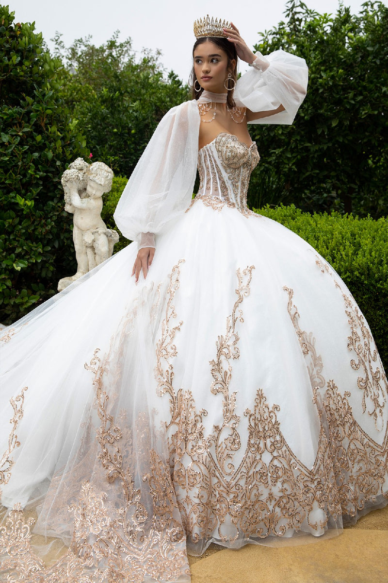White and Gold Embroidered Ball Gown with Sheer Sleeves GL3578