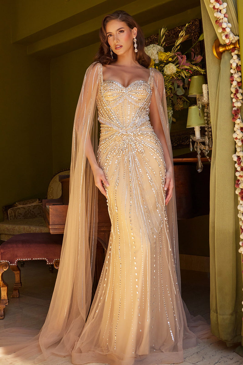 Gold Beaded Cape Evening Gown with Draped Detail | SMCDress Gold Beaded Cape Evening Gown with Draped Detail | SMCDress