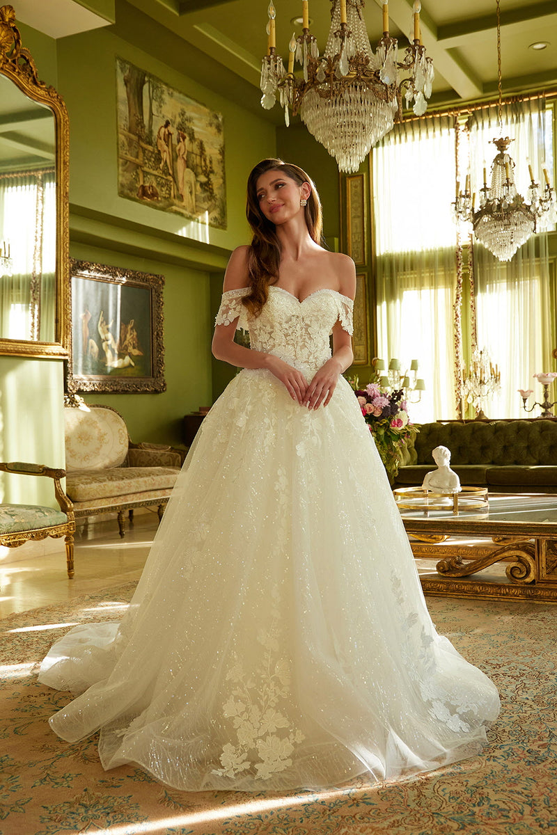 Off-Shoulder Glitter Tulle Floral Lace Wedding Dress Bridal Gown | SMCDress Off-Shoulder Glitter Tulle Floral Lace Wedding Dress Bridal Gown | SMCDress