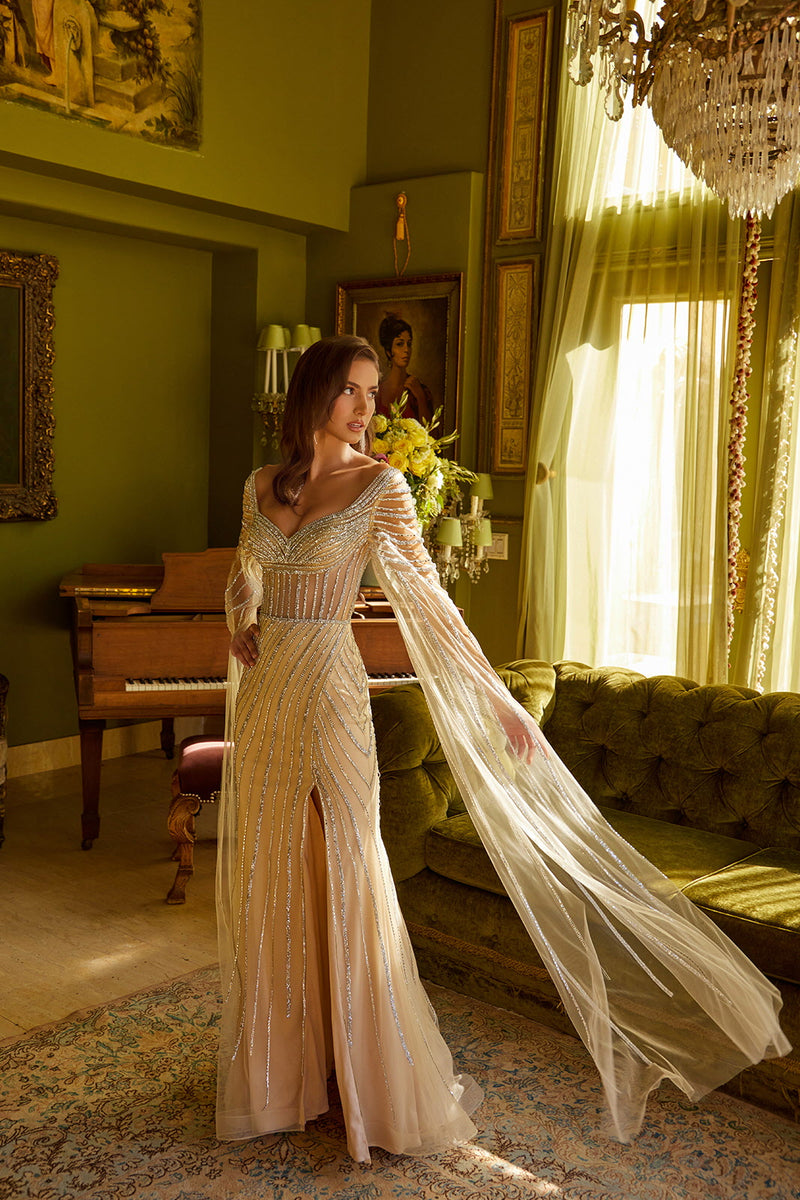 Beaded Long Sleeve Gown with Sheer Cape Detail GL3624