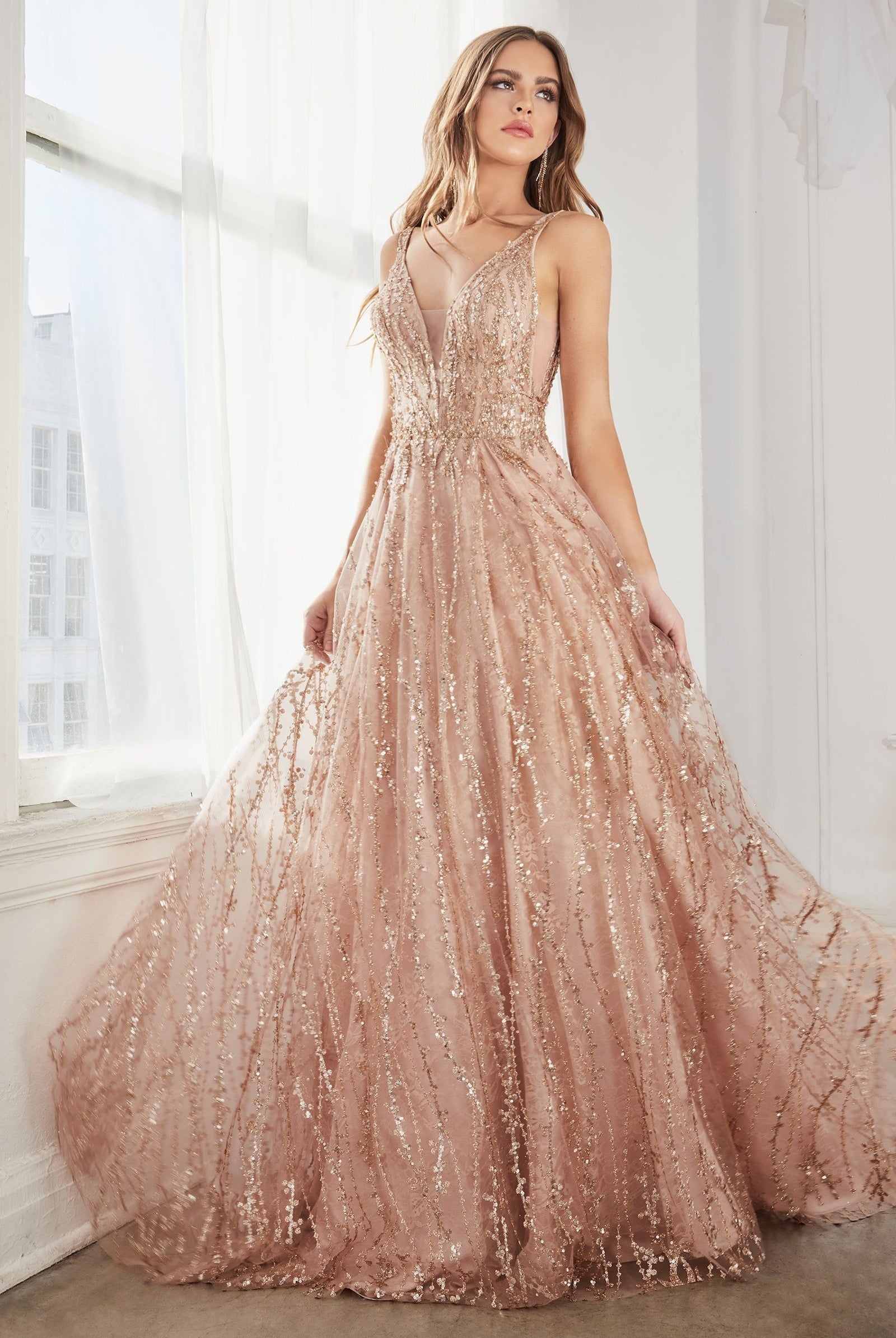 Glitter Lace Straps A-Line Gown-smcdress