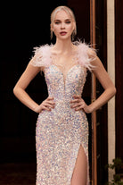 Iridescent sequin gown, feathered-smcdress