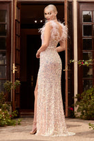 Iridescent sequin gown, feathered-smcdress