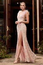 Iridescent sequin gown, feathered-smcdress