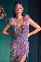 Iridescent sequin gown, feathered-smcdress