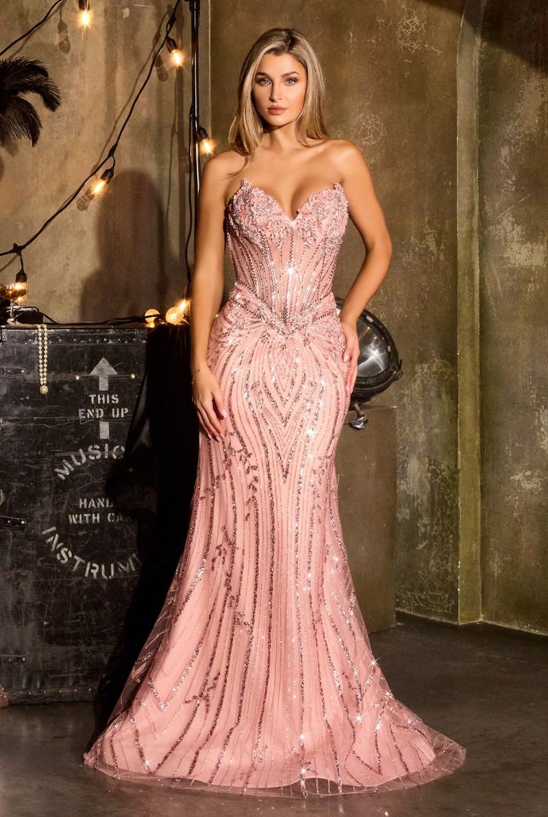 Elegant Gold Beaded Mermaid Gown CDCDS557 - Cinderella Divine Evening Dress CDCDS557