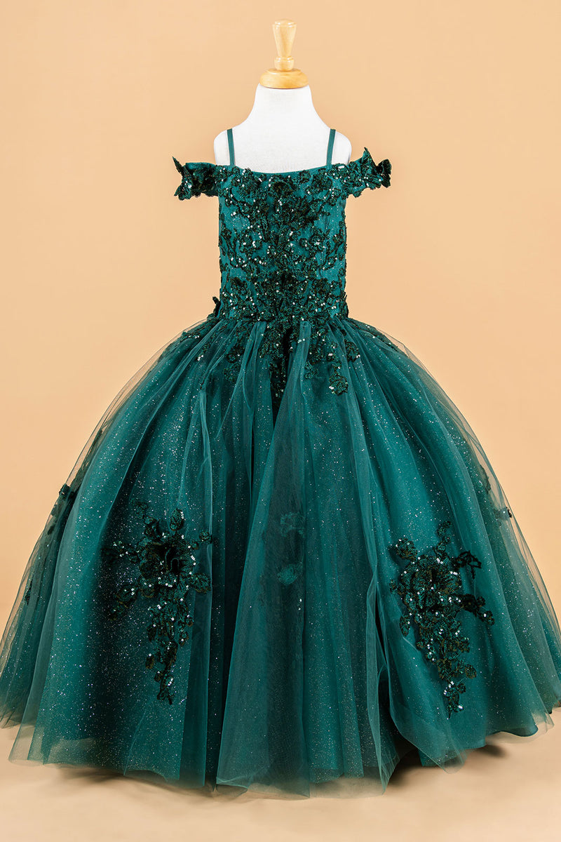 Emerald Green Girls Ball Gown – Off-Shoulder Glitter Dress with 3D