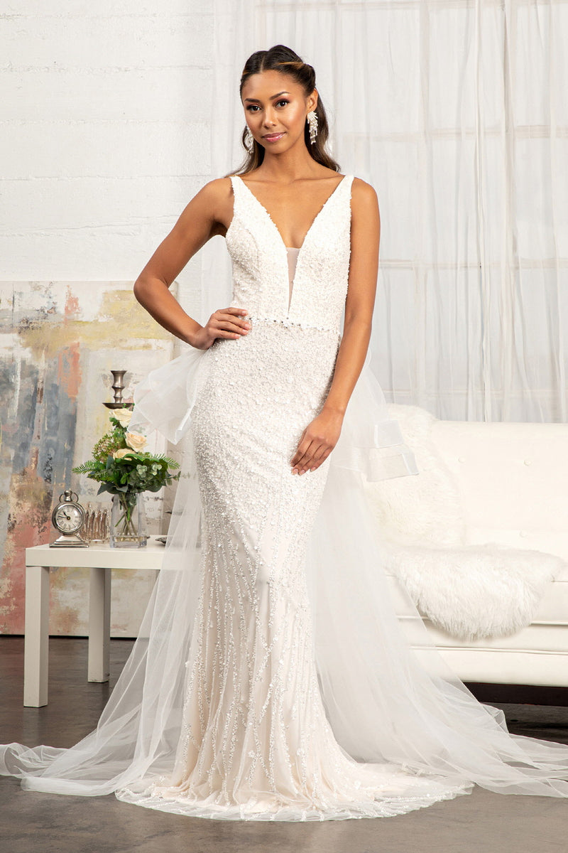 mesh cleavage wedding dress 3-D Flower Applique Mermaid Mesh Wedding Gown Detached Mesh Layer GLGL –  SMCDress