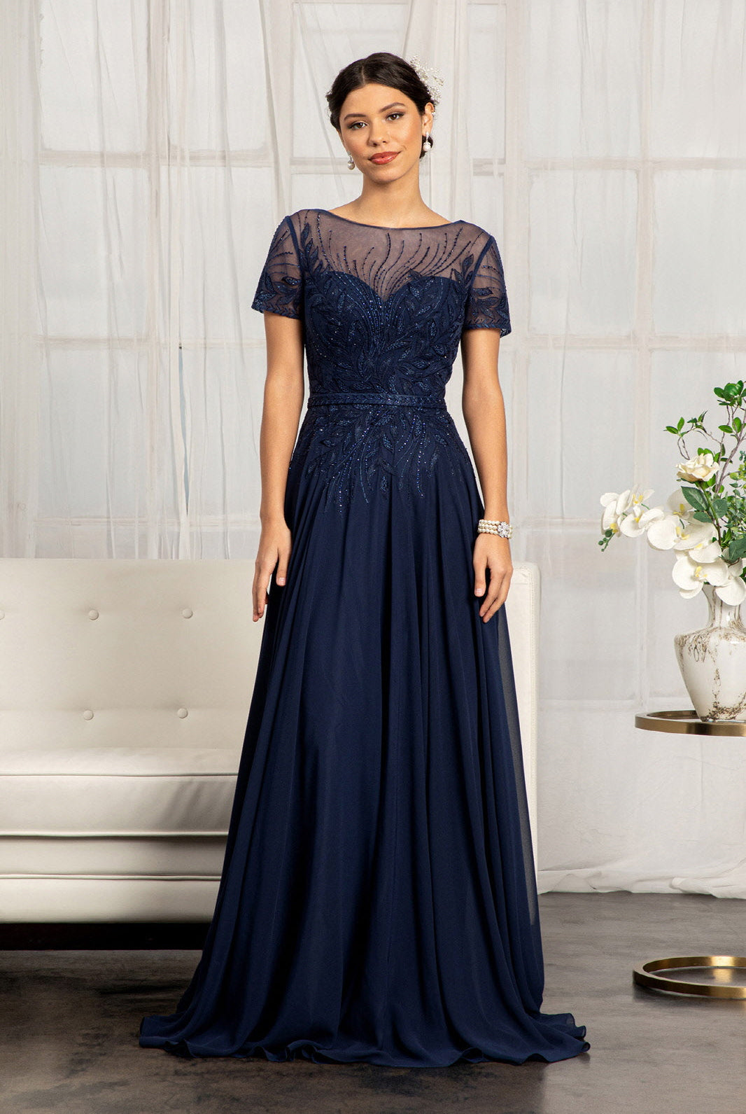 Embroidered Chiffon A-line Dress-smcdress