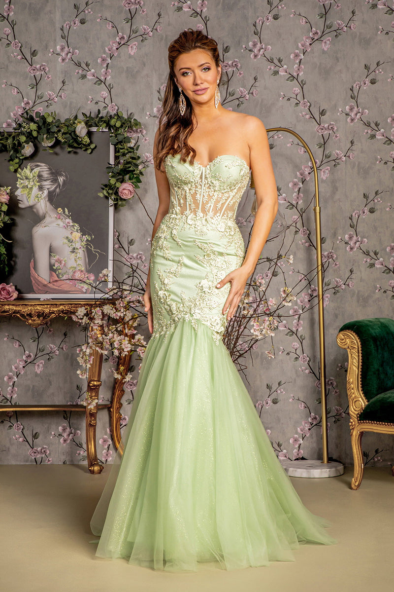 prom dress with mesh corset Embroidery Sheer Corset Bodice Trumpet Mesh Long Dress GLGL3211