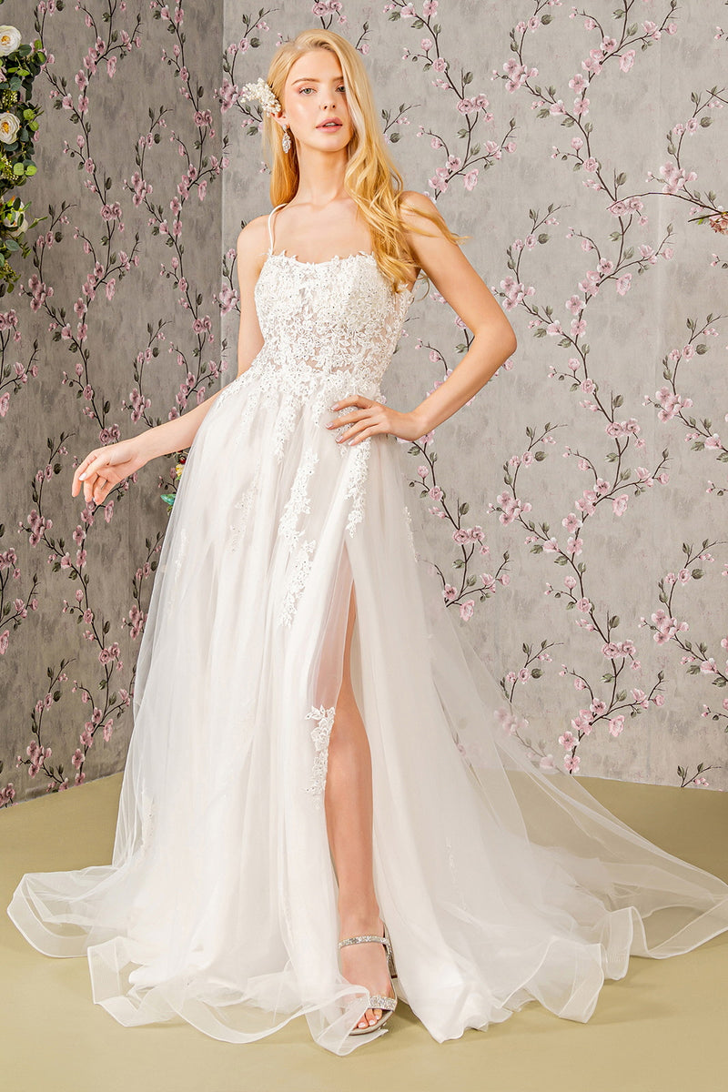 Embroidery Bead Sheer Bodice Open Back Mesh Wedding Gown GLGL3417 | SMCDress Embroidery Bead Sheer Bodice Open Back Mesh Wedding Gown GLGL3417 | SMCDress