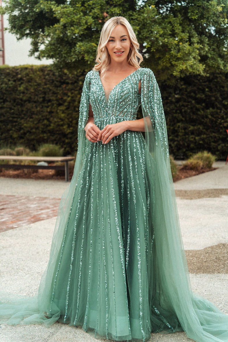Sequines Beaded Long Sleeve A-line Long Girl Dress Sage