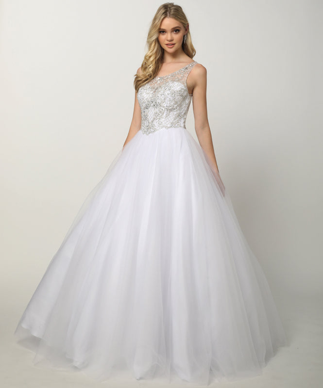 Beaded high neck bodice with keyhole back on tulle ball gown-smcdress