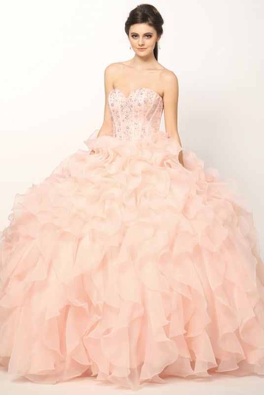 Beaded Corset Bodice with Organza Ruffle Skirt Ball Gown Quinceanera Dress-smcdress