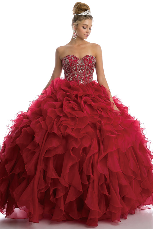 Beaded Corset Bodice with Organza Ruffle Skirt Ball Gown Quinceanera Dress-smcdress