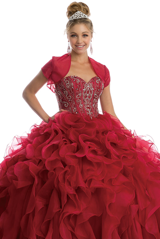 Beaded Corset Bodice with Organza Ruffle Skirt Ball Gown Quinceanera Dress-smcdress