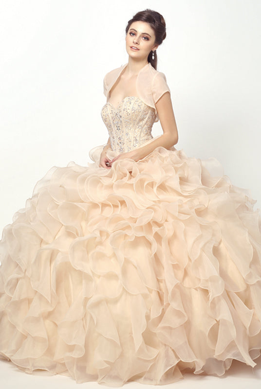 Beaded Corset Bodice with Organza Ruffle Skirt Ball Gown Quinceanera Dress-smcdress