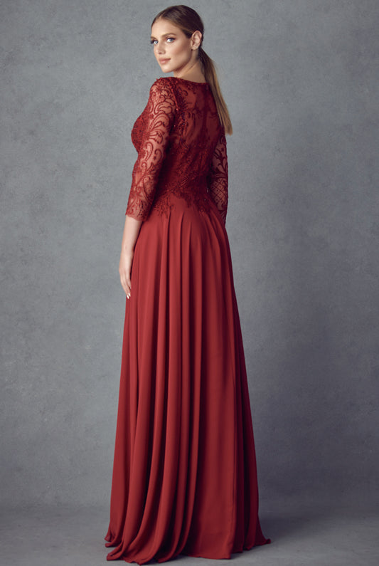 Embroidered Lace Beaded Long Mother Of The Bride Dress-smcdress