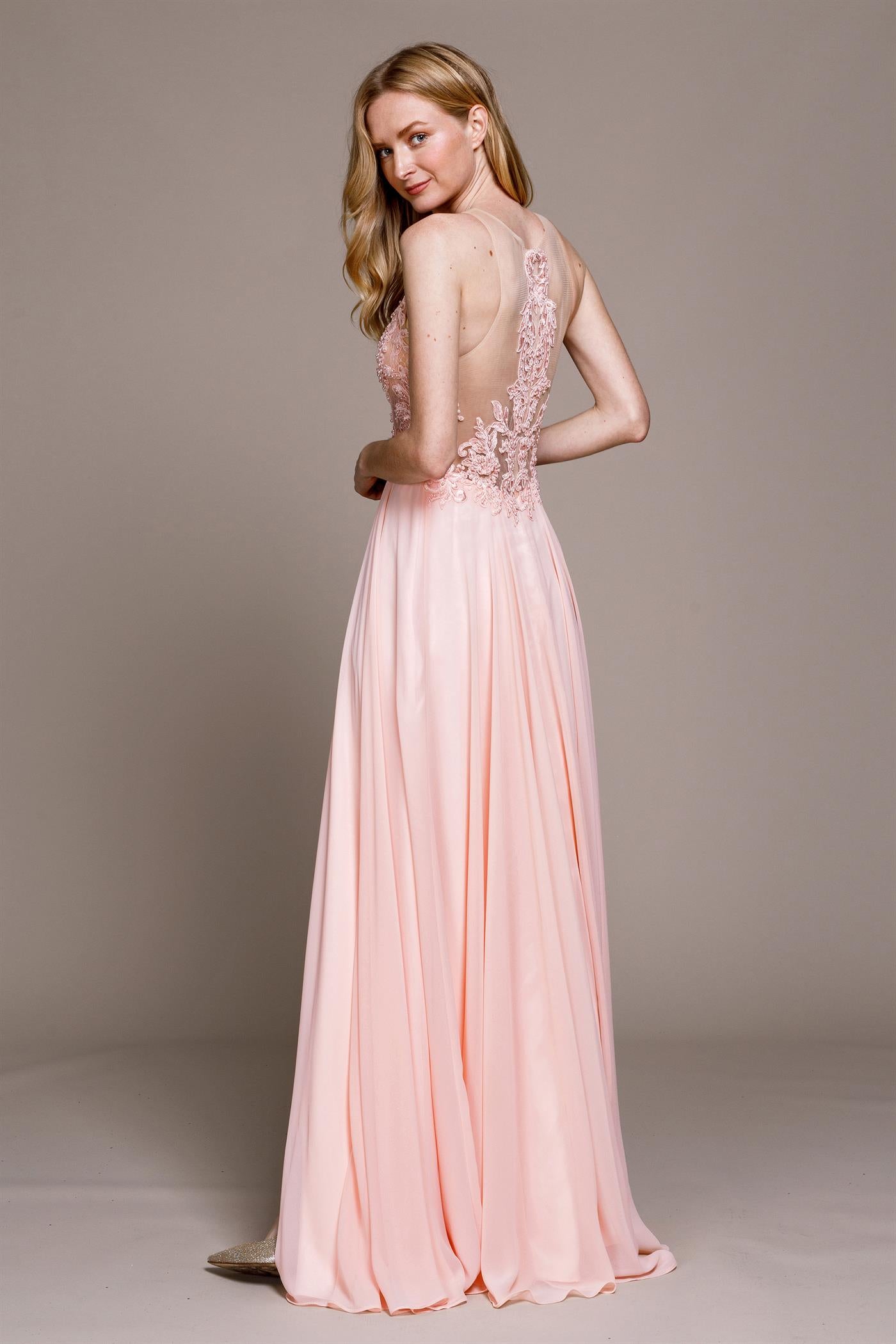 Illusion V-Neck Lace Slit Dress for Evening & Prom-smcdress