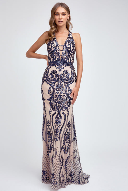 Embroidered Lace Illusion V-Neck Prom & MOB Dress-smcdress