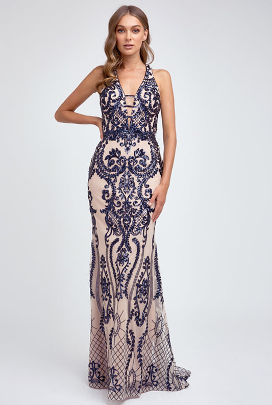 Fitted Sequined deep v neck mermaid Prom Evening Gown-smcdress