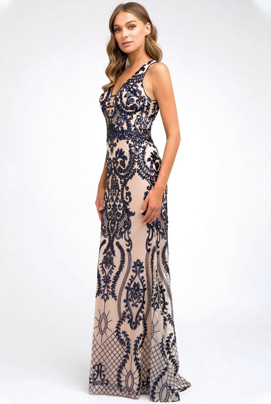 Embroidered Lace Illusion V-Neck Prom & MOB Dress-smcdress