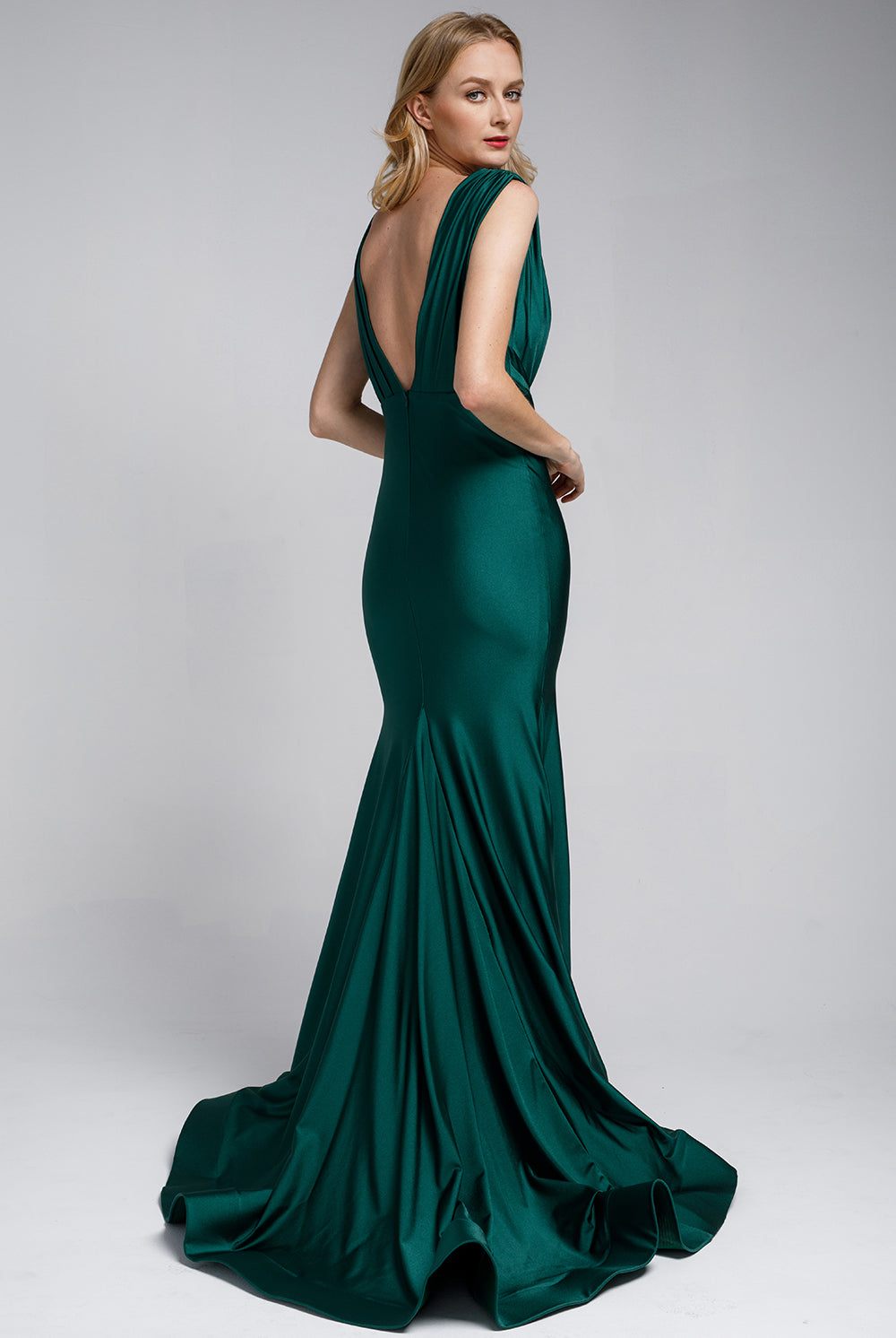 V-Neck Satin Mermaid Dress-smcdress