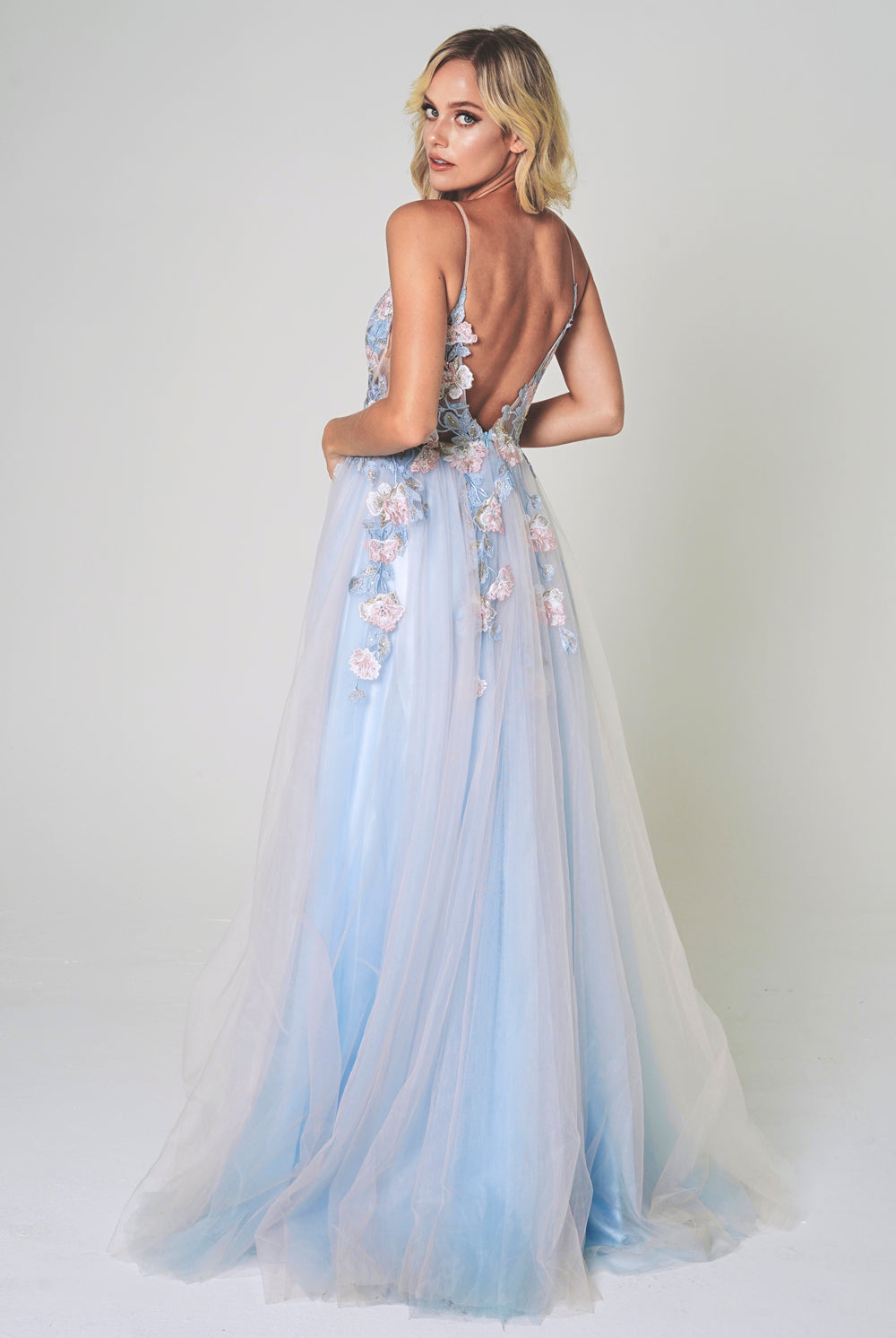 3D Flowers Long Prom Dress, Spaghetti Straps, Side Slit-smcdress