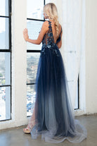 V-Neck Prom Dress w/ 3D Floral Applique-smcdress