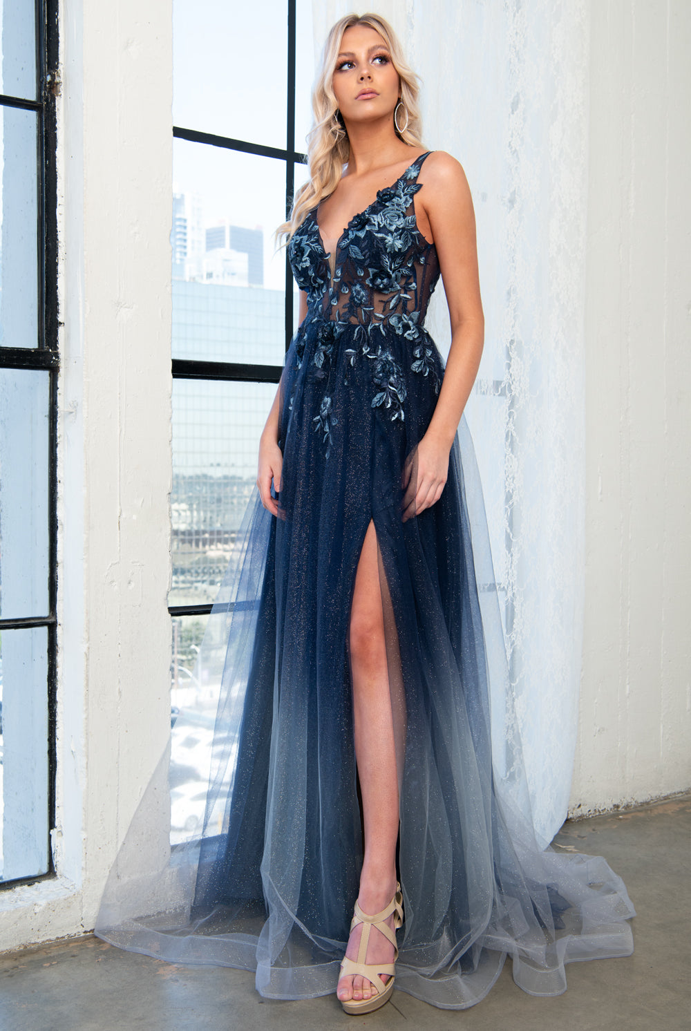 V-Neck Prom Dress w/ 3D Floral Applique-smcdress